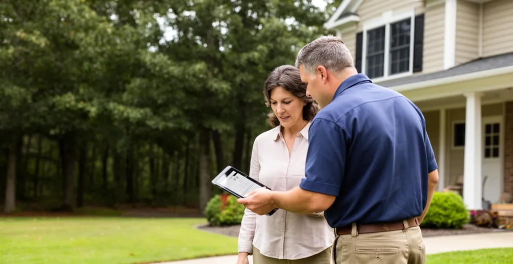 Paysagiste consultant un plan sur tablette avec un propriétaire dans une cour résidentielle