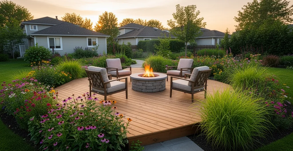 Terrasse en bois complétée avec mobilier extérieur et coin feu dans une cour résidentielle