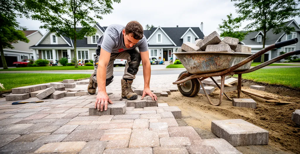 Équipe de paysagistes installant des pavés dans une entrée résidentielle