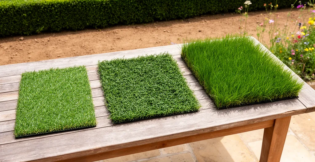 Échantillons gazon synthétique différentes hauteurs sur table terrasse