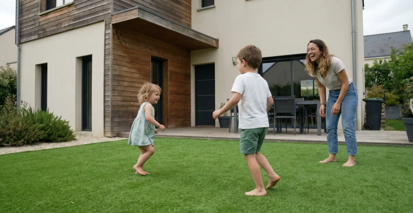 Enfants jouant pieds nus sur pelouse artificielle dans jardin familial français
