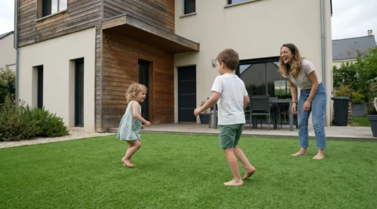 Enfants jouant pieds nus sur pelouse artificielle dans jardin familial français