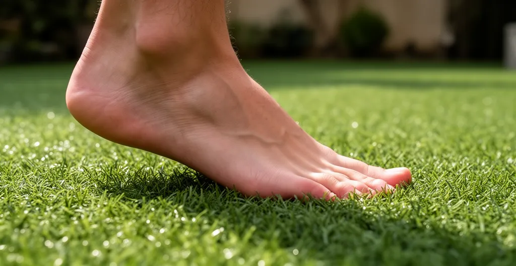 Pied nu testant la douceur d'un gazon synthétique dans jardin
