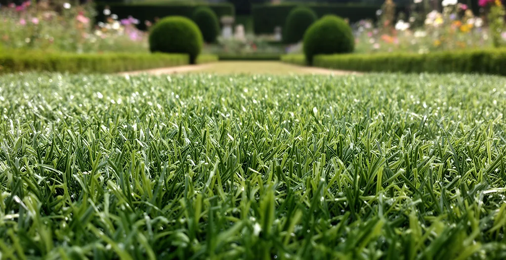 Gros plan brins gazon synthétique haute densité texture naturelle