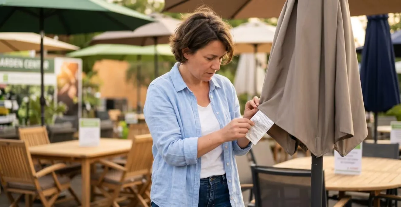 Femme d'âge moyen examinant attentivement l'étiquette technique d'un parasol dans un magasin de mobilier de jardin français