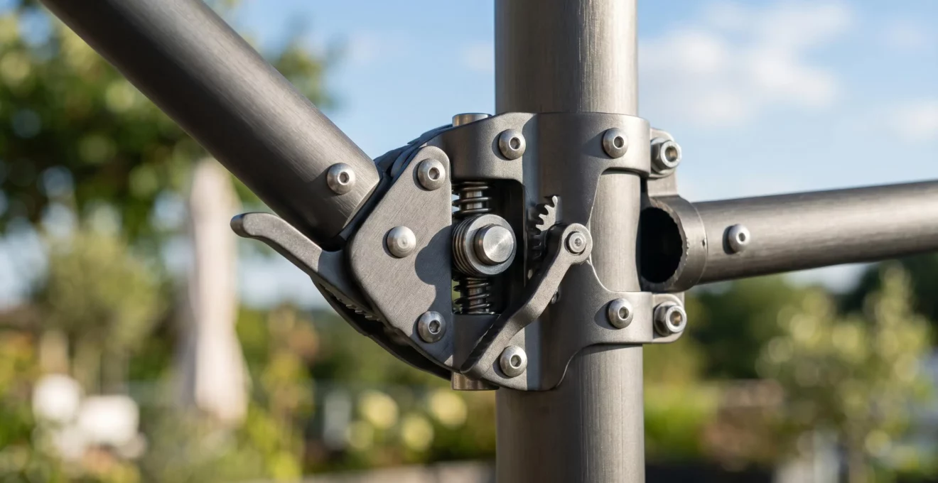 Gros plan sur l'articulation d'une armature de parasol en aluminium anodisé montrant les détails techniques de fabrication et la finition brossée anthracite