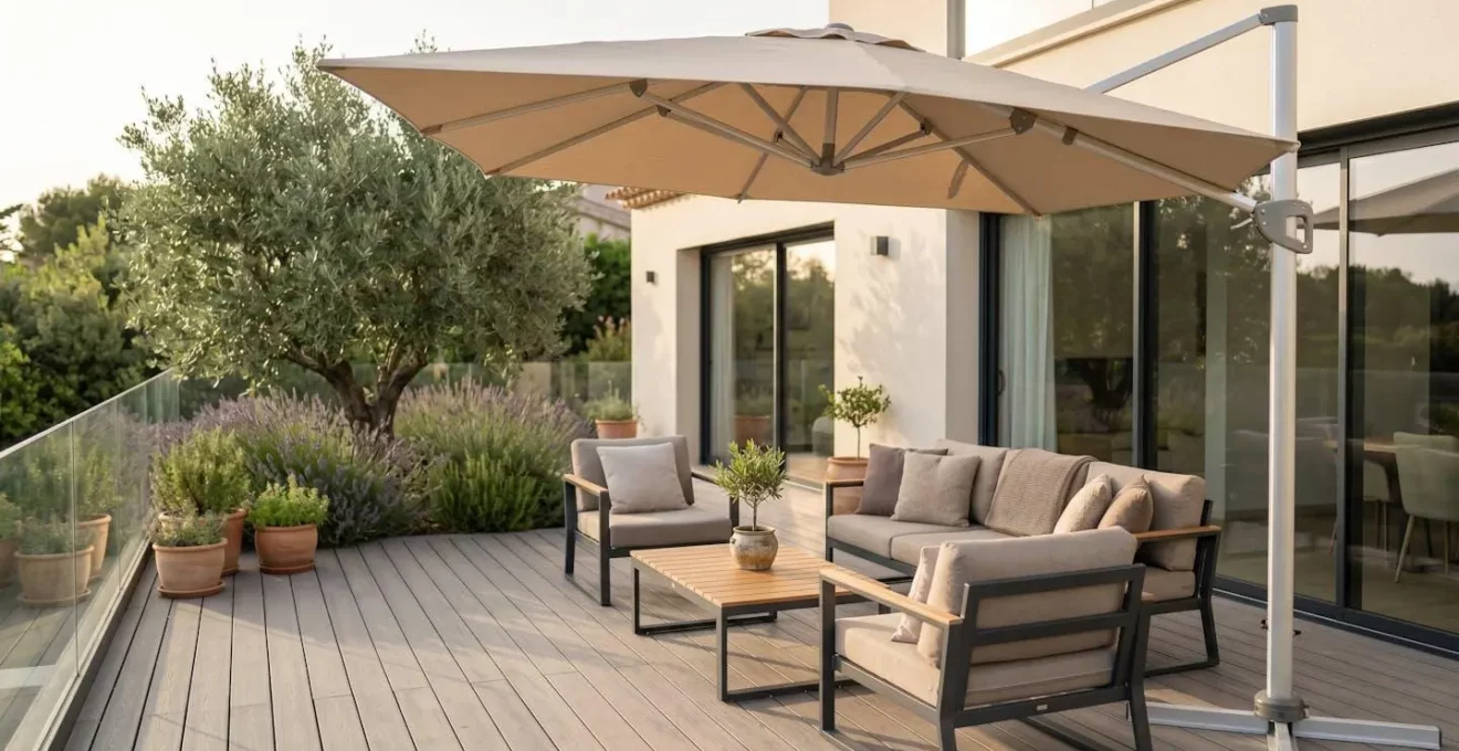 Terrasse extérieure contemporaine équipée d'un parasol déporté haut de gamme avec armature aluminium et toile beige, mobilier de jardin coordonné et végétation méditerranéenne en arrière-plan
