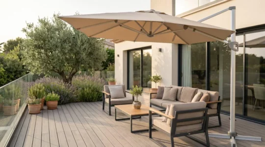 Terrasse extérieure contemporaine équipée d'un parasol déporté haut de gamme avec armature aluminium et toile beige, mobilier de jardin coordonné et végétation méditerranéenne en arrière-plan